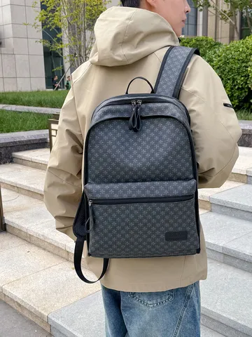Mochila con Monograma de Cuero PU Vintage Gran Capacidad Business Casual Viaje Bolsa para Portátil Hombres Mujeres Escuela