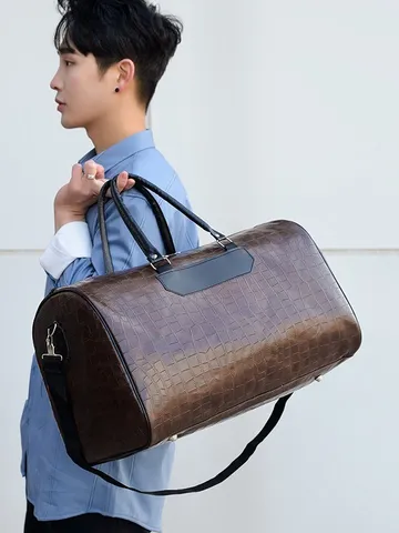 Large Capacity PU Leather Travel Bag For Men Crocodile Pattern Duffel Bag Sports Gym Bag Weekend Overnight Tote Luggage Bag