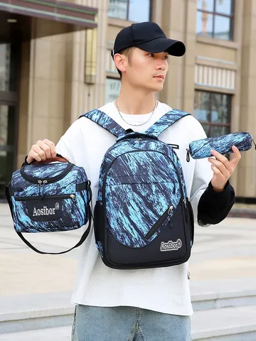 3-teiliges Set Rucksack mit Großer Kapazität und Isolierter Lunchtasche Sowie Federmäppchen Farbblock Polyester Schultasche
