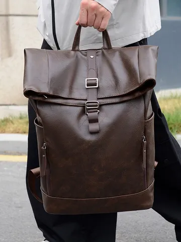 Men's Casual PU Leather Roll-Top Backpack Large Capacity 15 Inch Laptop Bag Retro Travel Rucksack For College Students Commuting School Bag
