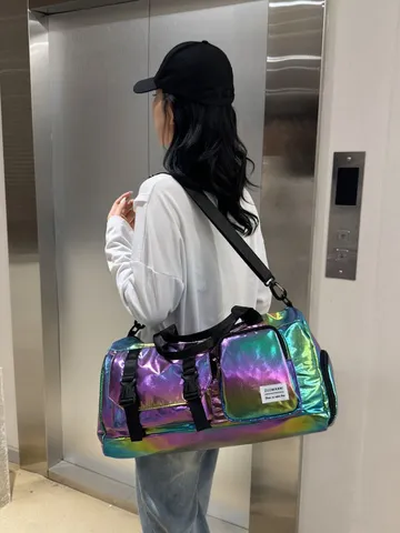 Glänzende PU Leder Große Kapazität Reisetasche Mit Schuhfach Wasserdicht Sport Fitness Gym Duffel Umhängetasche Für Damen Herren