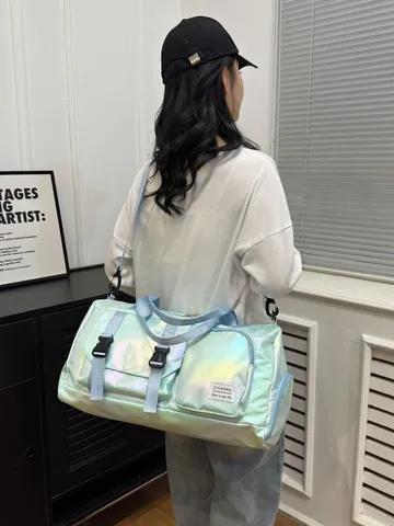 Glänzende PU Leder Große Kapazität Reisetasche Mit Schuhfach Wasserdicht Sport Fitness Gym Duffel Umhängetasche Für Damen Herren