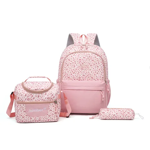 Mochila Escolar Estampado Leopardo Poliéster Daypack Casual Con Bolsa de Almuerzo Y Estuche Para Estudiantes Gran Capacidad