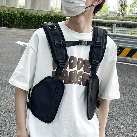 Tactical Chest Bag Vest Pack Wear Resistant Nylon Solid Color Splicing Adjustable Utility Pouches Outdoor Sports Traveling Daily Matching Backpack For Men Women