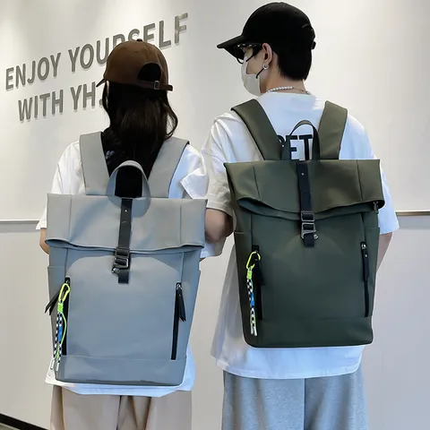 Trendy Solid Color Nylon Roll Top Backpack For College Students Large Capacity Streetwear Casual Sports Daypack School Bag With Buckle Detailing