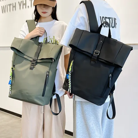 Trendy Solid Color Nylon Roll Top Backpack For College Students Large Capacity Streetwear Casual Sports Daypack School Bag With Buckle Detailing