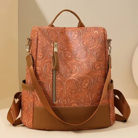 Damen Mode Bedruckter Rucksack Weiches PU Leder Diebstahlsicherer Schulranzen Lässig Reisen Multifunktionale Umhängetasche Blumen Geprägtes Daypack