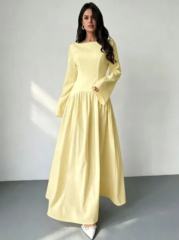 Vestido Maxi de Manga Larga con Hombros Descubiertos para Mujer Estilo Francés Otoño Ajustado Línea A Vestido Elegante de Poliéster