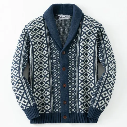 Men Shawl Collar Argyle Jacquard Knitted Cardigan Loose Thick Sweater Jacket Autumn Winter Outerwear Navy Blue Top