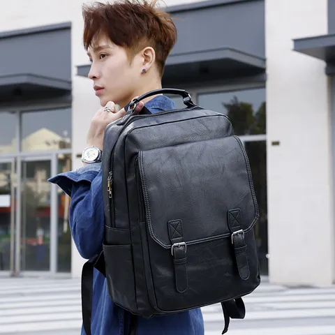 Mochila de Cuero PU para Hombre Business Casual Impermeable Bolsa para Laptop Urbana Minimalista Mochila de Viaje para Hombre
