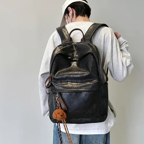 Vintage PU Leder Rucksack Herren Damen Einfache Pendler Schultasche Große Kapazität Universität Student Reise Rucksack Mit Bären Anhänger