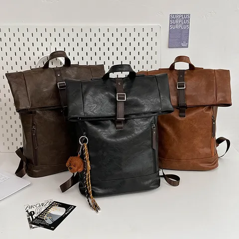 Retro Roll Top Backpack Unisex PU Leather Casual Travel Computer Bag Waterproof Fashion Vintage School Bookbag