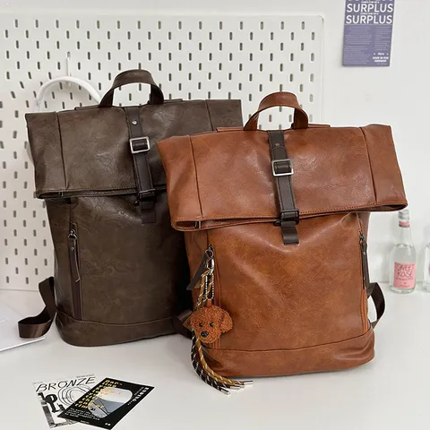 Retro Roll Top Backpack Unisex PU Leather Casual Travel Computer Bag Waterproof Fashion Vintage School Bookbag