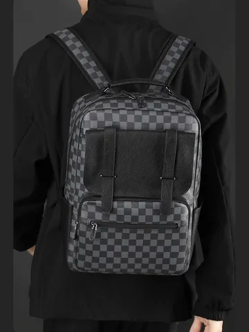 Mochila Unisex de Cuero PU Business Cuadros Gran Capacidad Impermeable Bolsa de Portátil Moda Viaje Conmutar Bolsa de Hombro Trabajo