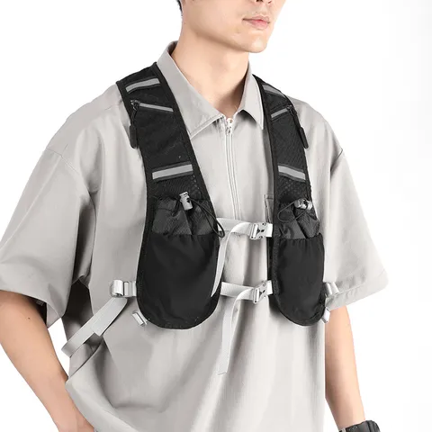 Men Outdoor Sports Vest Backpack Lightweight Breathable Mesh Cycling Hiking Chest Bag Multi Pockets Reflective Strip