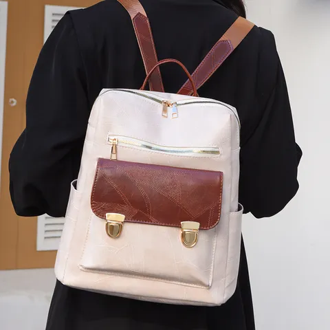 Damen Mode Kontrastfarbe PU Leder Rucksack Große Kapazität Lässig Reisen Schule Umhängetasche Retro Genäht Pendler Schultasche