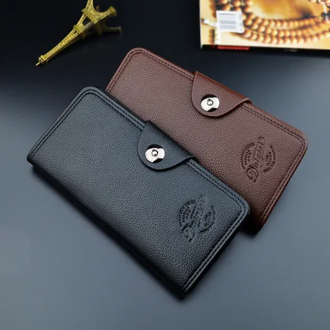 Men Fashion Long Wallet PU Leather Lychee Pattern Card Holder Business Bifold Purse With Snap Buckle Large Capacity Card Bag