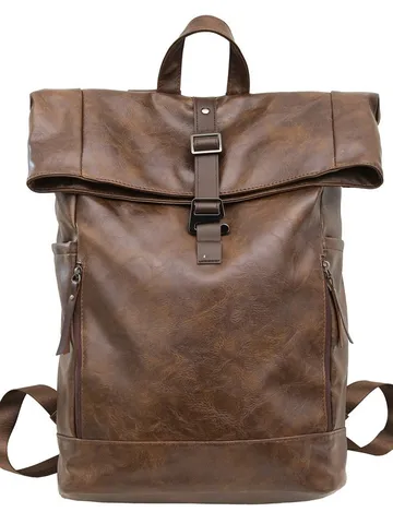 Men Retro PU Leather Backpack Large Capacity Laptop Bag College School Bag Commuting Roll Top Backpack Unisex Casual Daypack