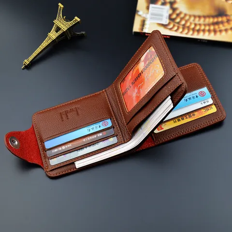 Men Retro PU Leather Short Bifold Wallet Litchi Texture Large Capacity Card Holder Purse With Magnetic Closure For Daily Work