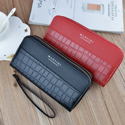Fashion Crocodile Pattern PU Leather Long Clutch Wallet For Women Large Capacity Dual Zipper Wristlet Phone Purse Handbag