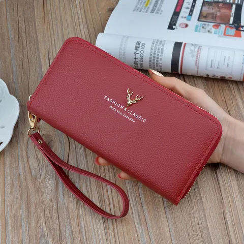 Women Long Wallet Large Capacity PU Leather Litchi Pattern Zip Around Purse Clutch With Wristlet Deer Hardware Phone Pouch