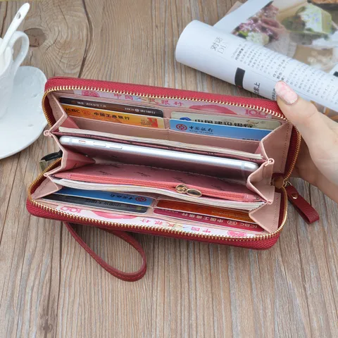 Women Long Wallet Large Capacity PU Leather Litchi Pattern Zip Around Purse Clutch With Wristlet Deer Hardware Phone Pouch