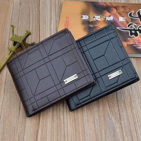 Men Short Wallet Embossed Checkered PU Leather Bifold Card Holder Multi Slot Business Commute Large Capacity Wallet For Men