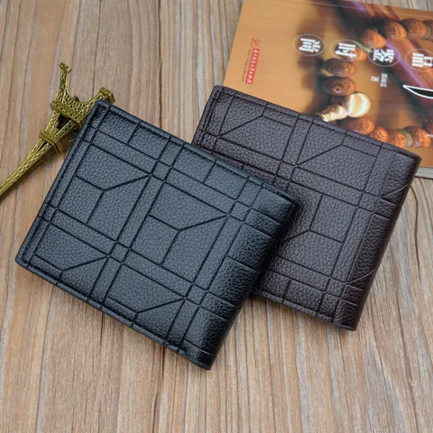 Men Short Wallet Embossed Checkered PU Leather Bifold Card Holder Multi Slot Business Commute Large Capacity Wallet For Men