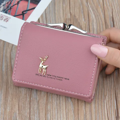 Fashion PU Leather Short Wallet For Women Small Deer Decor Kiss-lock Foldable Multi Card Slot Coin Purse Lady Student Wallet