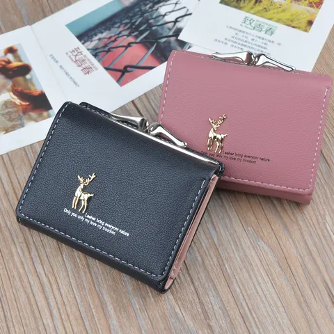Fashion PU Leather Short Wallet For Women Small Deer Decor Kiss-lock Foldable Multi Card Slot Coin Purse Lady Student Wallet