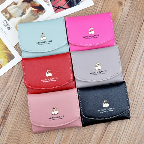 Fashion Women Short Wallet Minimalist PU Leather Foldable Coin Purse With Metal Cherry Decoration Multi Card Slot Clutch For Ladies Students Daily Use