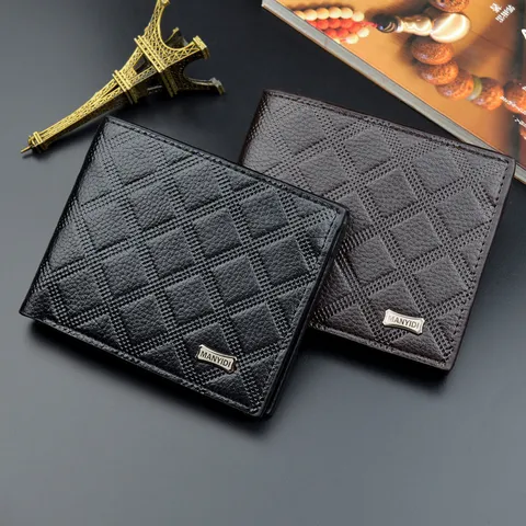 Fashion Men's Short Wallet Soft PU Leather Rhombus Pattern Bifold Money Clip Large Capacity Card Holder Daily Commuting