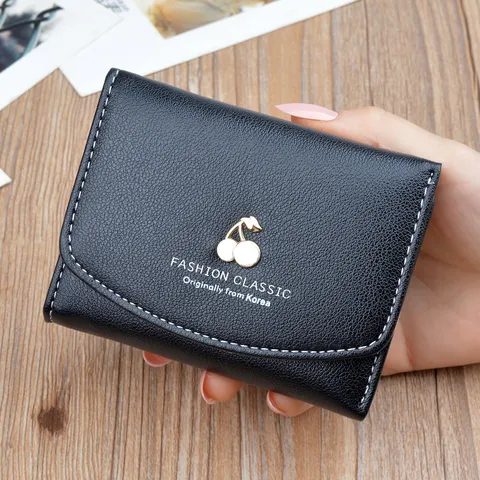 Fashion Women Short Wallet Minimalist PU Leather Foldable Coin Purse With Metal Cherry Decoration Multi Card Slot Clutch For Ladies Students Daily Use