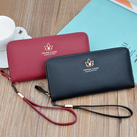 Women Long Wallet Fashion Large Capacity Litchi Pattern PU Leather Zipper Clutch Phone Bag With Rhinestone Leaf Decor