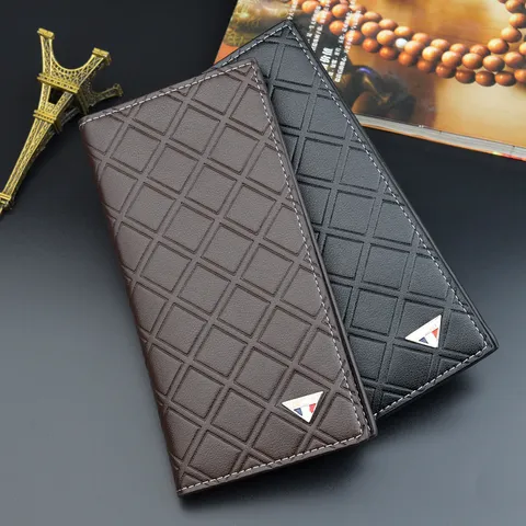 Men's Long Wallet PU Leather Rhombic Quilted Business Slim Purse With Multi Card Slots Vintage Men's Card Holder Wallet