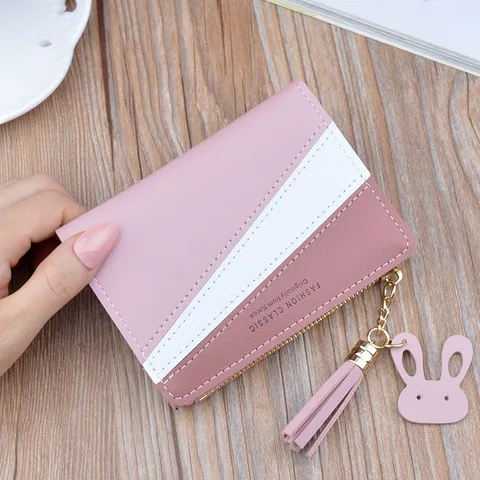 Women Short Wallet Color Blocking PU Leather Bifold Clutch Zipper Coin Purse With Tassel Rabbit Pendant For Students Casual Daily Use