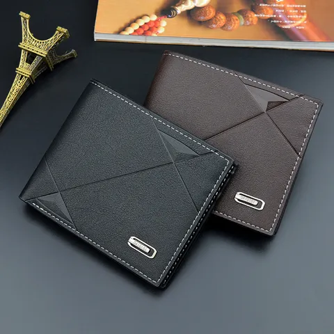 Men Short PU Leather Wallet Business Commute Ultra Light Bifold Card Slots Solid Color Embossed Wallet For Everyday Gift