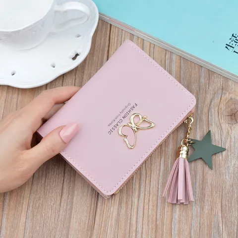 Women Short Wallet Fashion PU Leather Small Coin Purse Metal Butterfly Buckle Tassel Star Pendant Zipper Bifold Wallet For Lady Student Card Holder