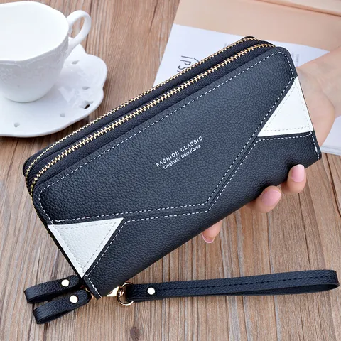 Women Long Wallet Double Zipper Clutch Large Capacity PU Leather Pebble Grain Contrast Color Card Holder Wristlet Purse