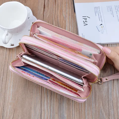 Women Long Wallet Double Zipper Clutch Bag Large Capacity PU Leather Color Block Card Holder Wristlet Phone Purse