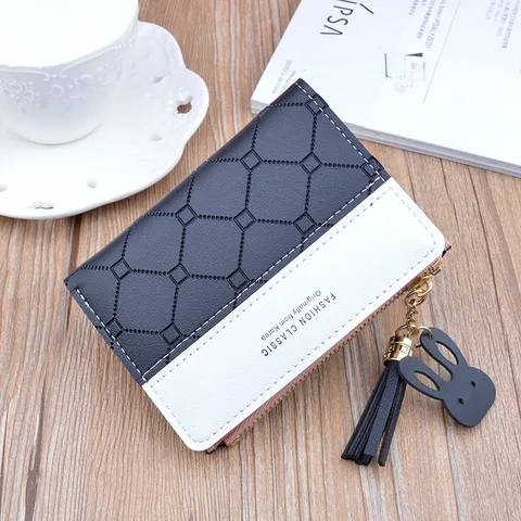 Fashion Plaid Color Block Women Short Wallet PU Leather Zipper Coin Purse Card Holder Tassel Rabbit Pendant Small Clutch For Daily