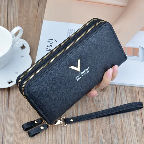 Women Long Wallet Double Zipper Clutch Bag Fashion Minimalist Litchi Pattern Large Capacity Leather Purse Clutch Wristlet Phone Bag