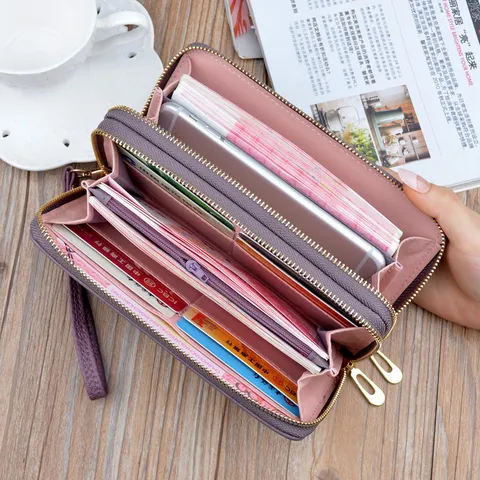 Women Long Wallet Double Zipper Clutch Purse Large Capacity Embossed Letter Soft PU Leather Wristlet Handbag Card Holder Phone Pocket Case