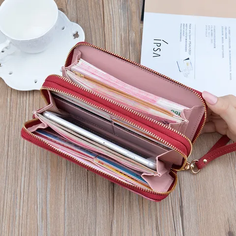 Women Long Wallet PU Leather Dual Zipper Clutch Purse Solid Color Large Capacity Litchi Pattern Mobile Phone Wristlet Wallet