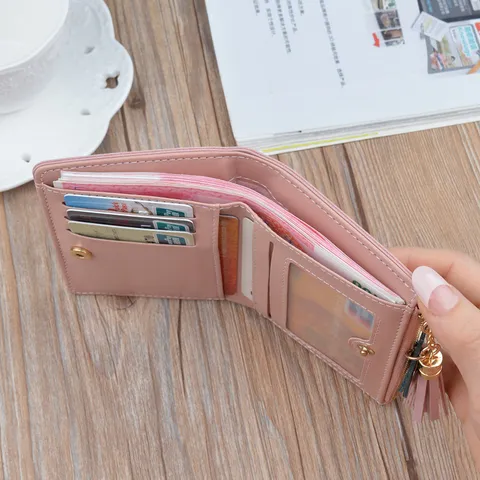 Women Short Wallet Fashion PU Leather Small Coin Purse Metal Butterfly Buckle Tassel Star Pendant Zipper Bifold Wallet For Lady Student Card Holder
