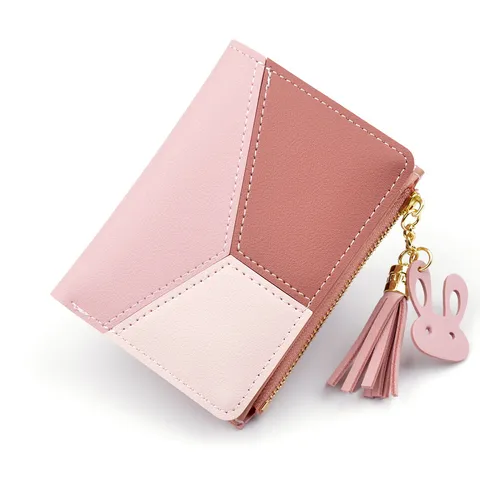 Women Short Wallet Fashion PU Leather Patchwork Color Block Card Holder Mini Coin Purse With Tassel Rabbit Pendant Purse Gift