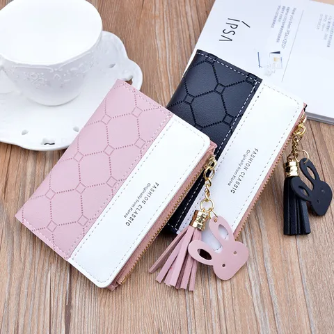 Fashion Plaid Color Block Women Short Wallet PU Leather Zipper Coin Purse Card Holder Tassel Rabbit Pendant Small Clutch For Daily
