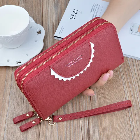 Women Long Wallet PU Leather Dual Zipper Clutch Purse Solid Color Large Capacity Litchi Pattern Mobile Phone Wristlet Wallet