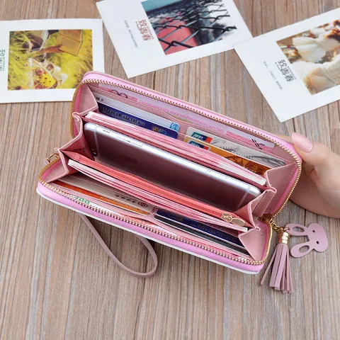 Women Long Zip Wallet Color Block Lattice Embossed PU Leather Clutch Purse With Tassel Wristlet Card Holder Phone Pocket Bag