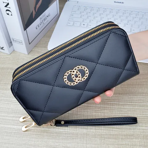 Women Long PU Leather Double Zipper Clutch Wallet Quilted Plaid Large Capacity Handbag Phone Wristlet Purse For Ladies Casual Daily